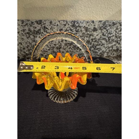 Vintage Bright Glass Mini Basket 6” height with Dark Brown Flowers on Handle - Picture 4 of 11